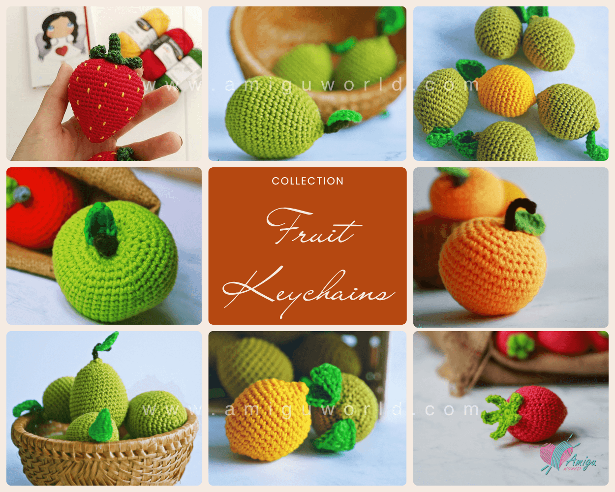 Cute fruit amigurumi crochet patterns collection including strawberry apple orange pear and lemon designs