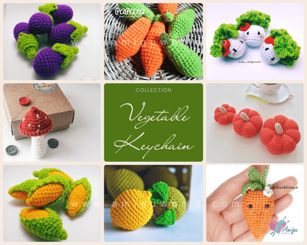 Cute vegetable keychain amigurumi crochet patterns collection including carrot, cabbage, pumpkin, corn, mushroom, lemon, papaya, and eggplant