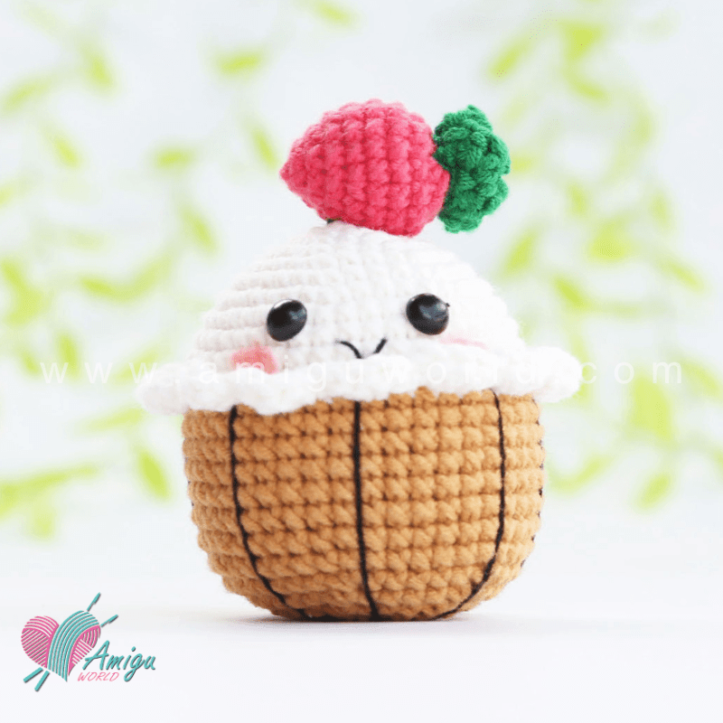 Strawberry cupcake amigurumi crochet pattern with cute dessert-inspired details
