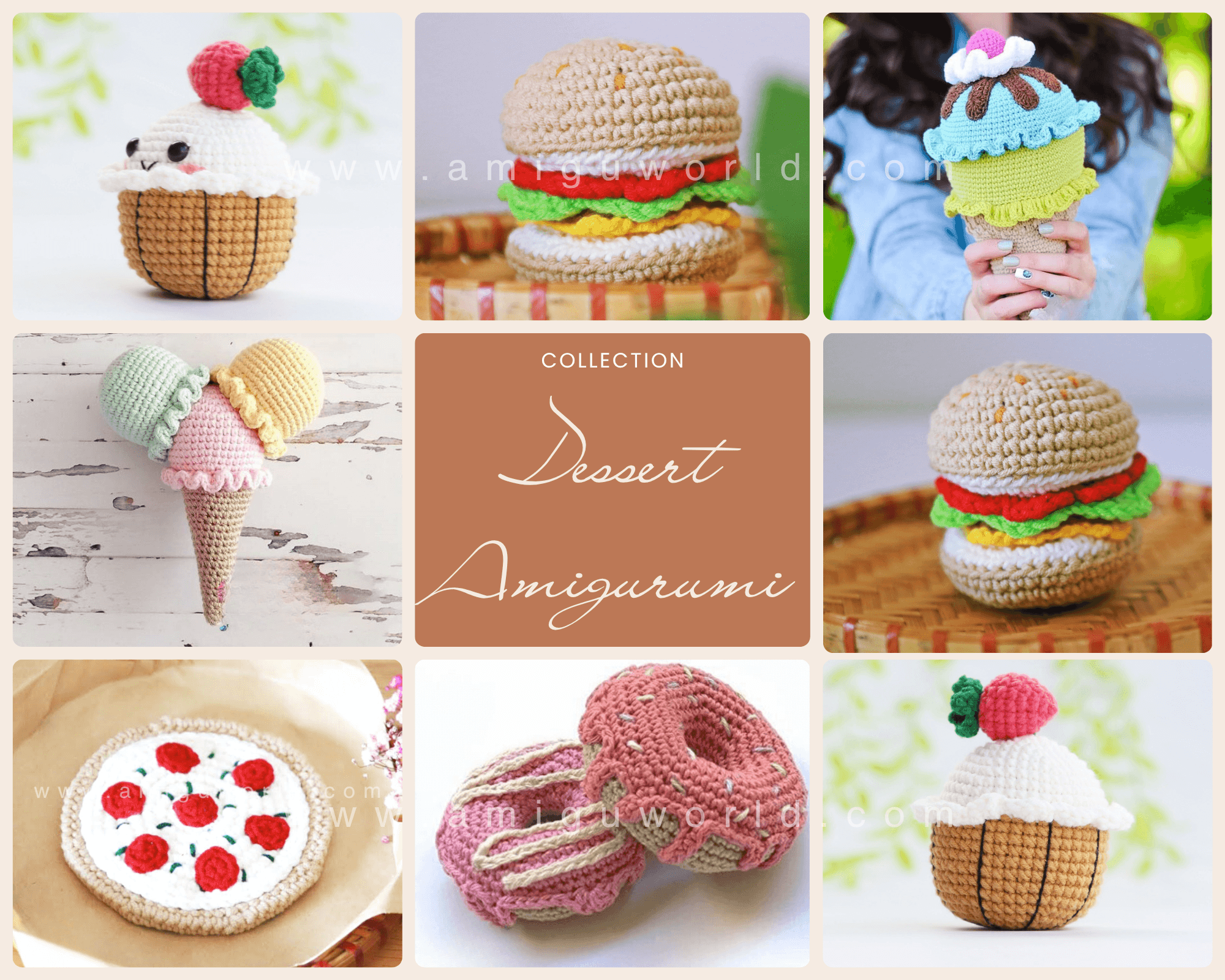 Free Dessert Amigurumi Crochet Patterns featuring donut, ice cream, cupcake, pizza, and hamburger crochet designs
