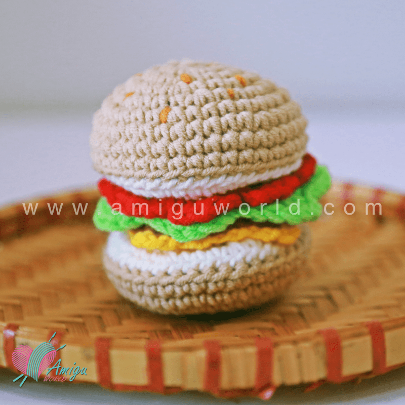 Hamburger amigurumi crochet pattern with cute food-inspired crochet design